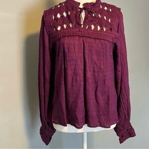 CLEOBELLA Blouse Size Small Aubergine Color Lattice Trim Yolk Sleeves High Neck
